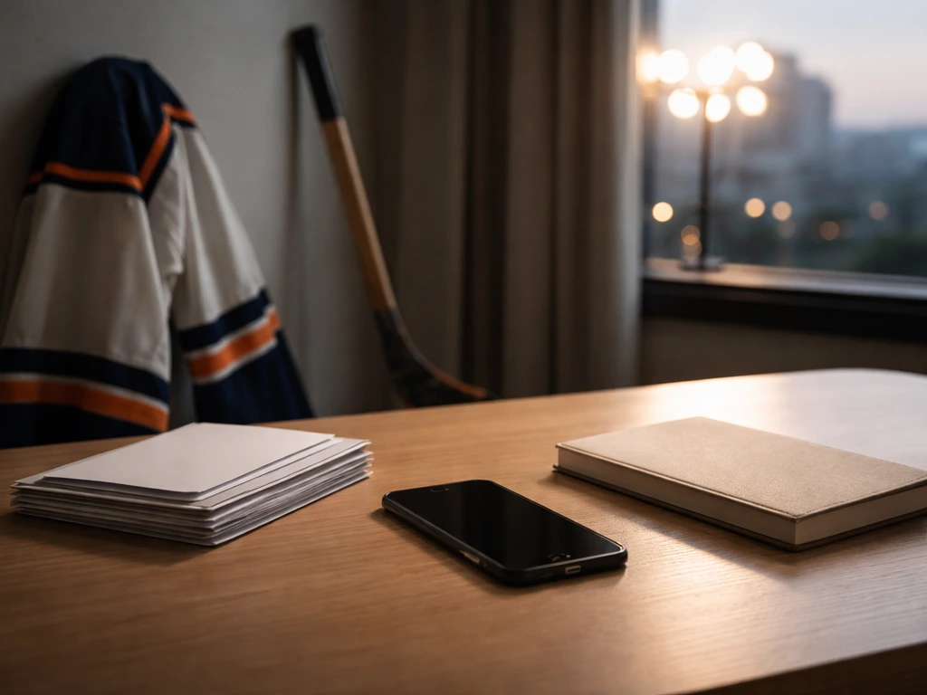 Minimal desk scene with hockey-themed memorabilia beside a smartphone, suggesting actor identity and wealth analysis