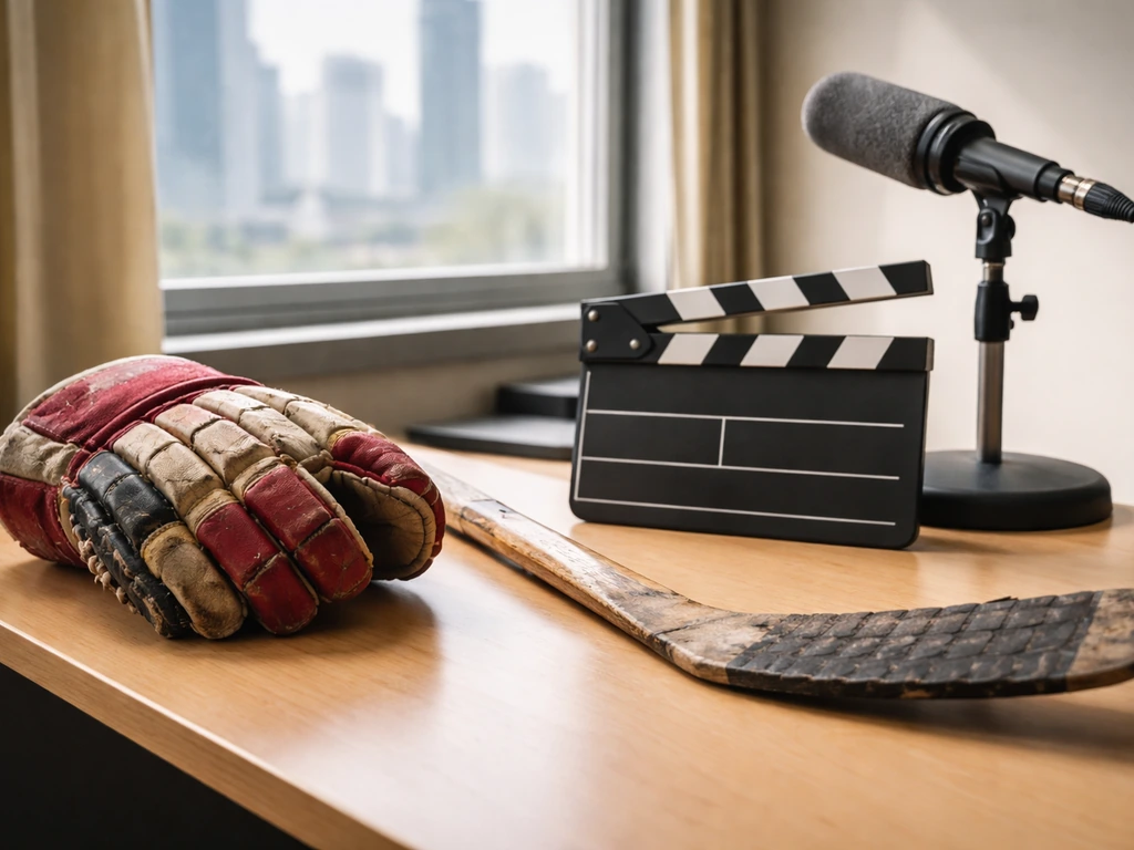 Hockey glove and stick on a desk with a blank slate and boom microphone, cinematic sport-film vibe.