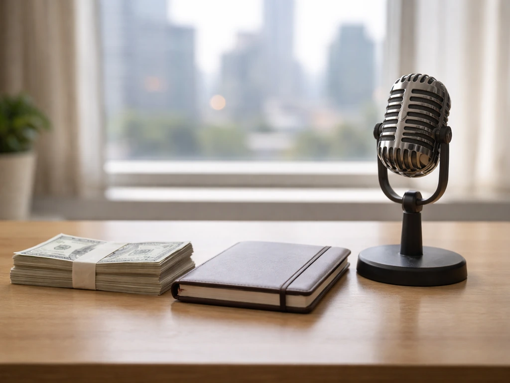 Minimal desk scene with cash and a radio microphone, suggesting media earnings breakdown