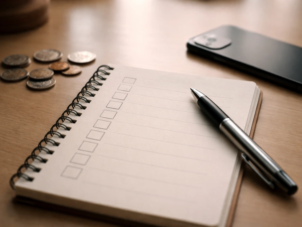 Close-up of a notebook with a blank checklist next to scattered coins and a smartphone in natural light