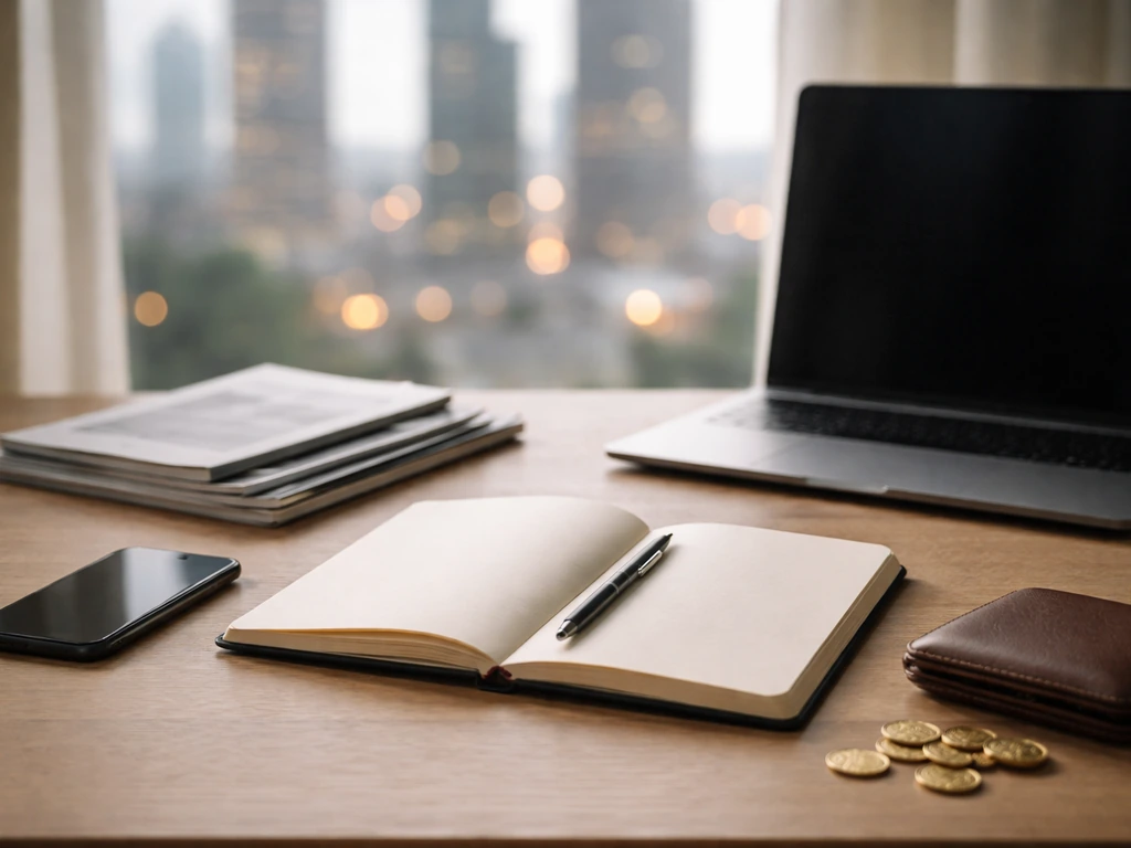 Minimal finance workspace with smartphone, blank notebook, coins, and city skyline—symbolic wealth tracking analysis.