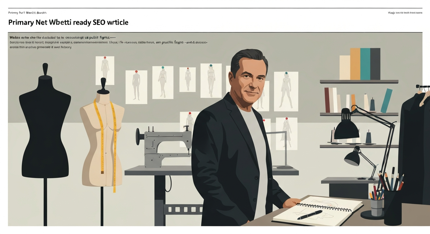 Stylized editorial illustration of a middle-aged fashion designer in a sewing studio with sketches, a mannequin, and sewing tools, with space for a headline.