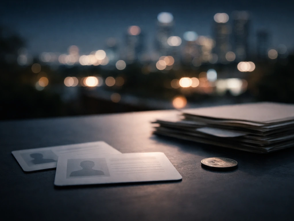 Blurred identity cards floating over a subtle city skyline, hinting at researching multiple people named Vincent Mazeau.
