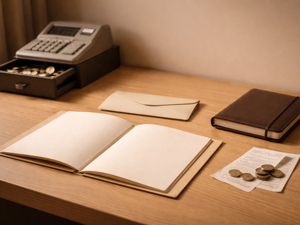 Minimal photo showing business documents and a cash register in a dim office, symbolizing assets vs liabilities.
