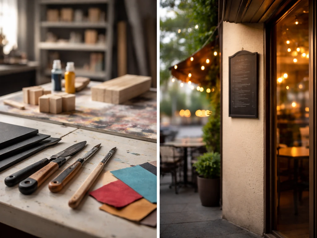 Minimal set-design table with materials beside a softly lit restaurant doorway window.