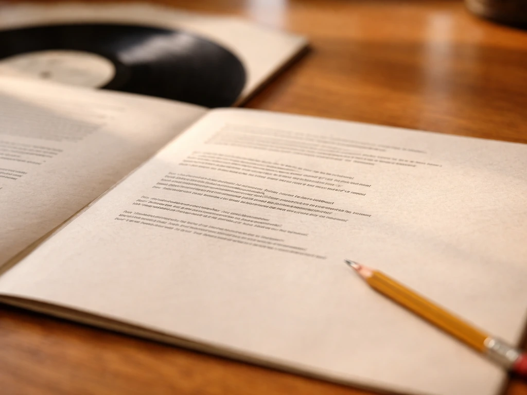 Close-up of music album liner notes with handwritten-style credit lines and copyright symbols, softly focused.