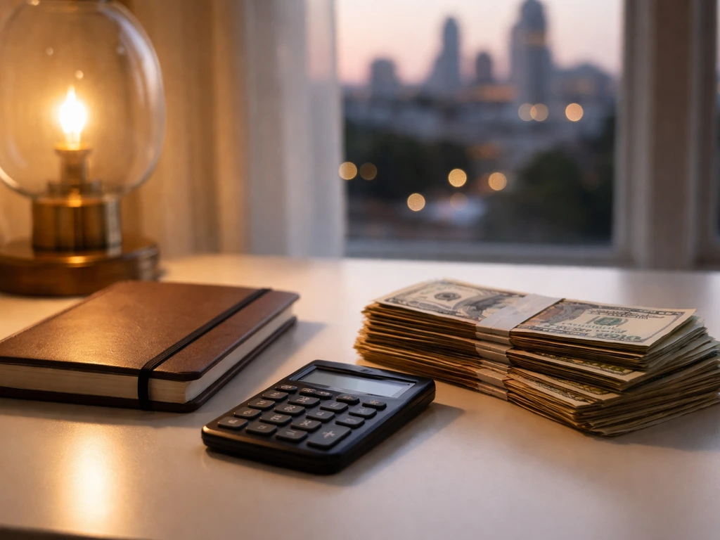 Minimal photo of a desk with a calculator and neatly stacked cash, symbolizing a net-worth range framing.