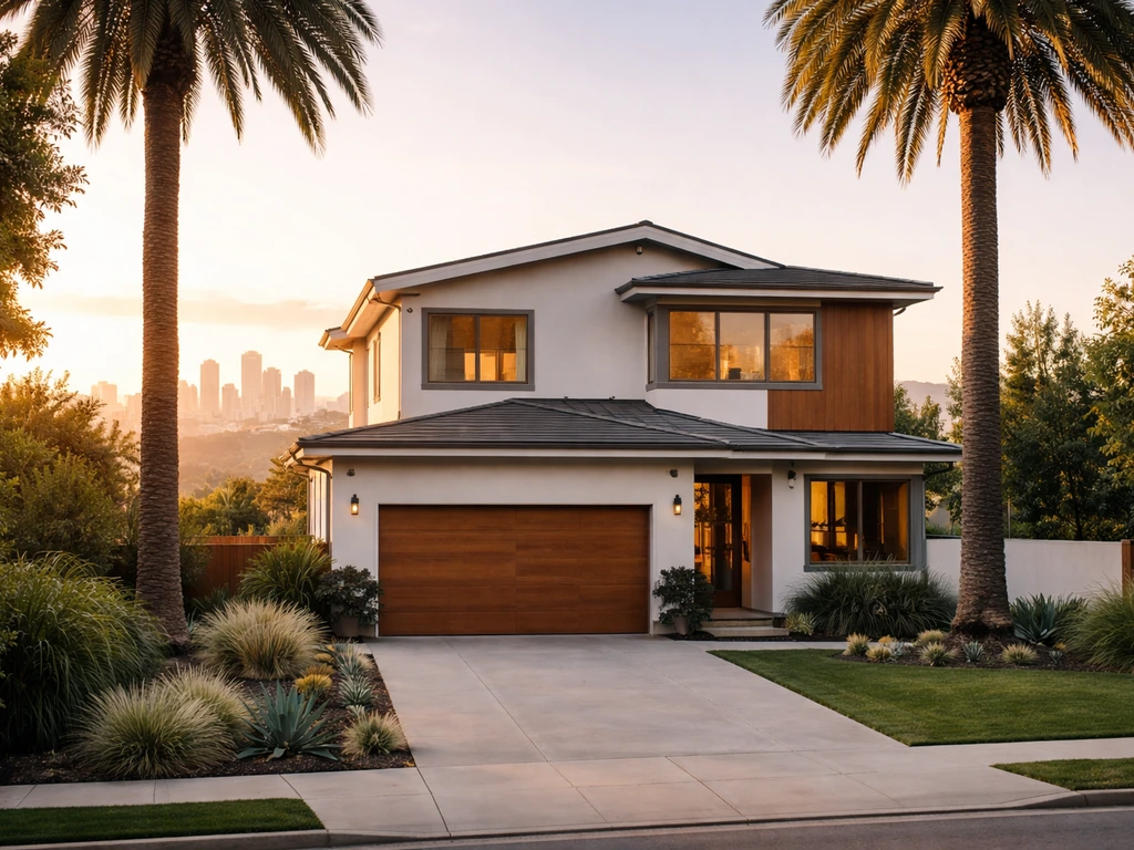 Los Angeles home exterior with palm trees and a bright sky suggesting high cost-of-living.