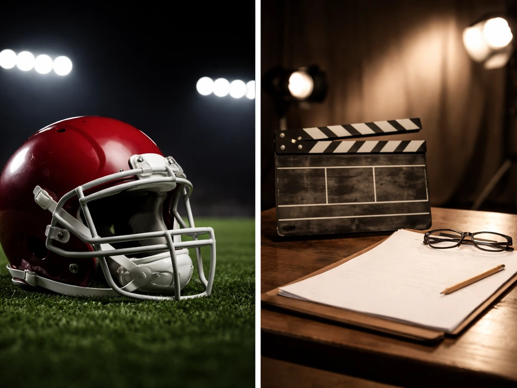 Minimal side-by-side photo-style scene: NFL-style football helmet and a TV script-style film set prop.