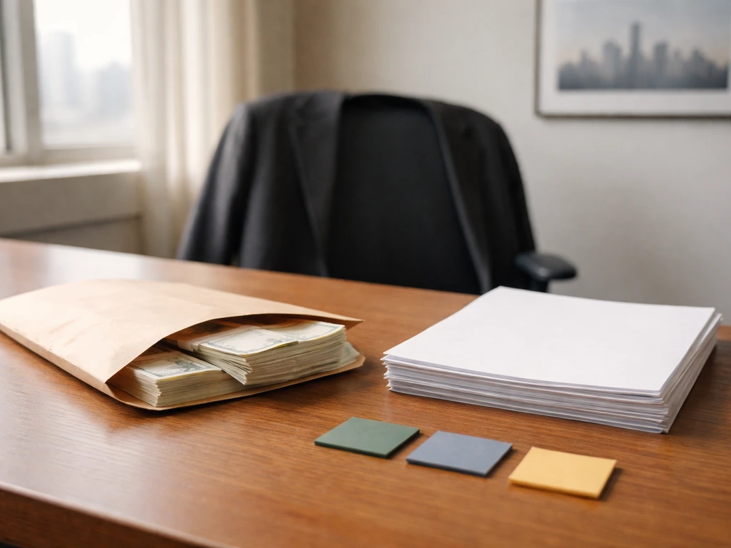 Minimal desk scene with spread papers and a cash-like envelope, symbolizing a net worth estimate range.