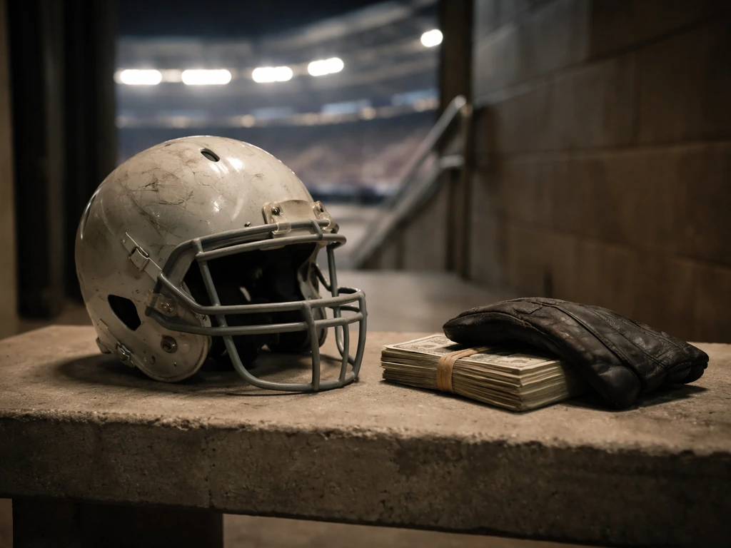 Empty football stadium tunnel with a worn NFL helmet and folded bills on a bench