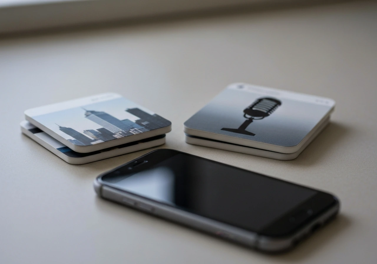 Minimal photo-collage on a desk showing blurred tiles implying two different identities for one name.