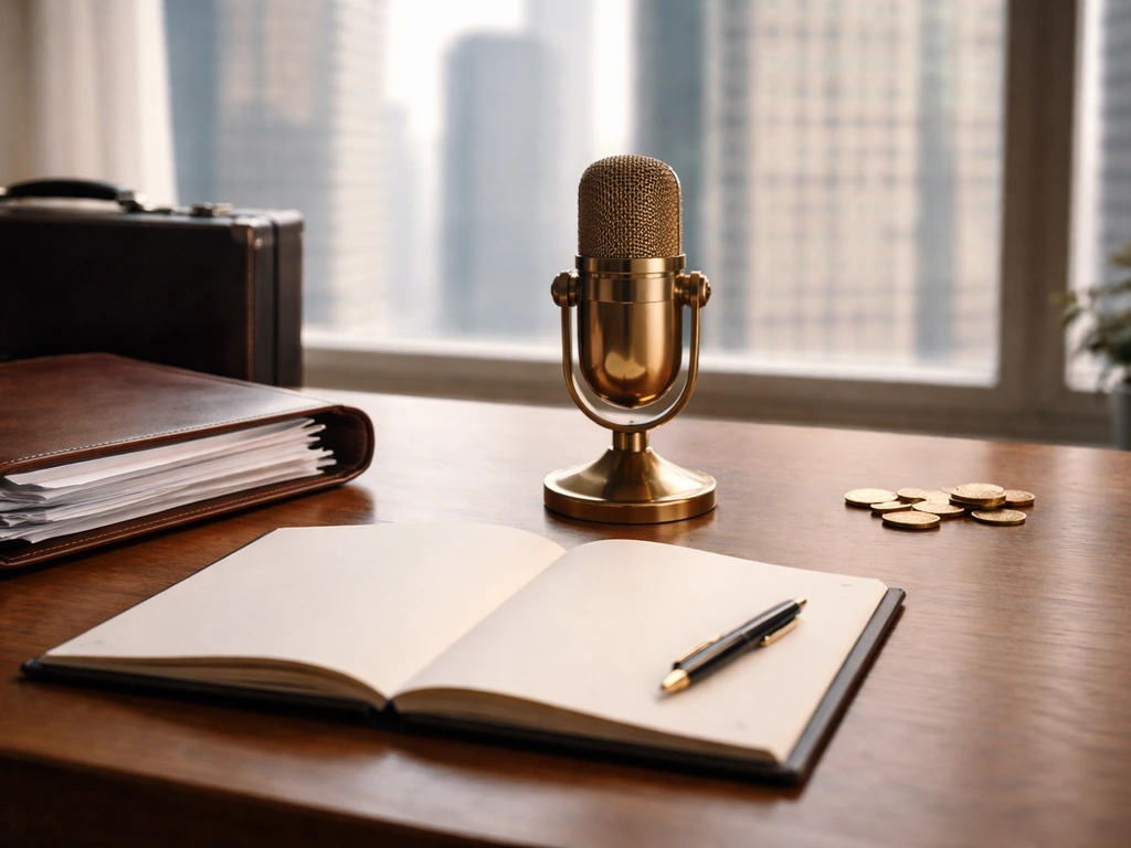 Minimal office scene with money-themed objects symbolizing a private finance career timeline