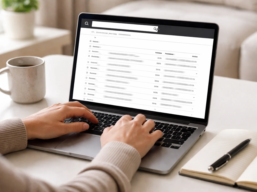 Hands reviewing a laptop screen with a generic UK Companies House officer/appointment record page layout.