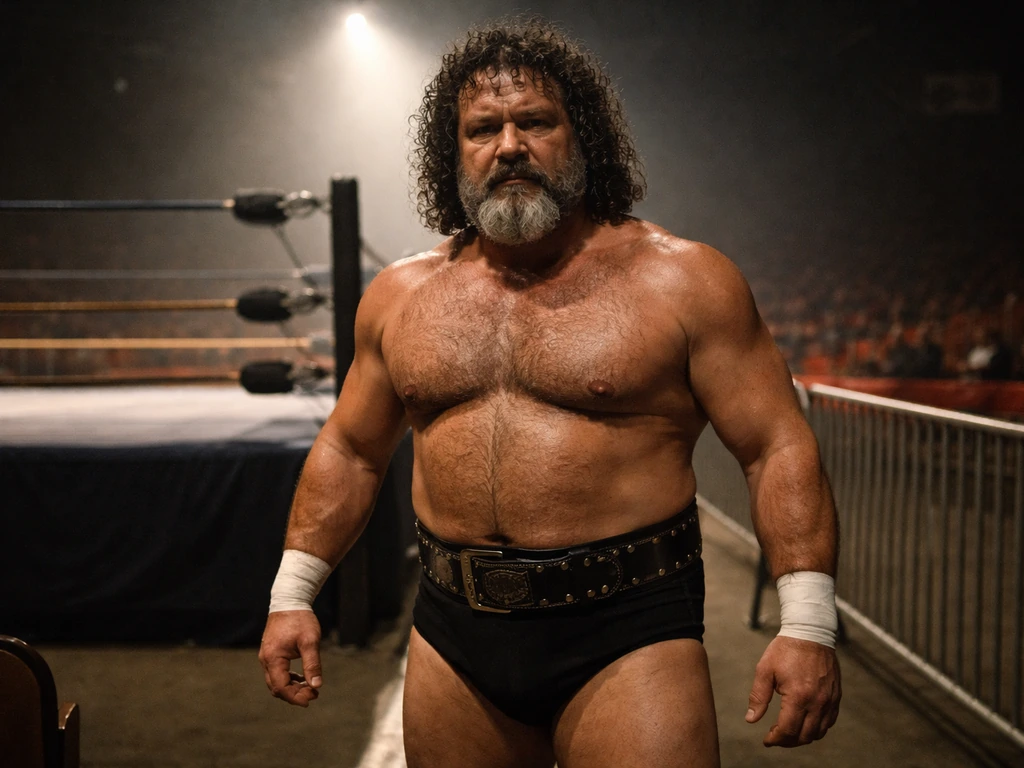 Vintage pro wrestler in ring gear with a composed expression, nostalgic wrestling arena background
