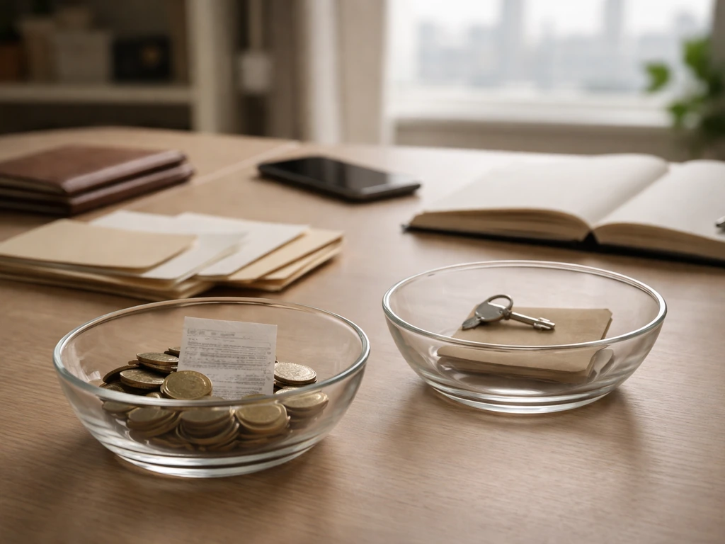 Close-up of an anonymous desk with coins and key in two glass bowls, symbolizing assets minus liabilities.