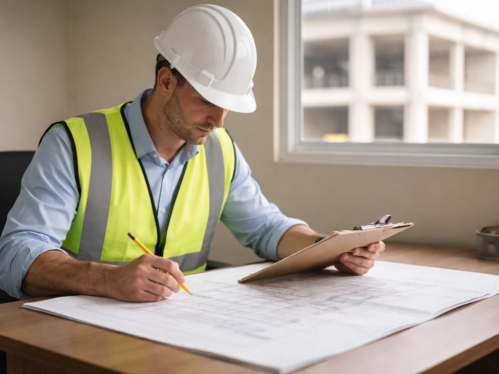 Construction executive in a hard hat reviews a building project plan in an empty jobsite office