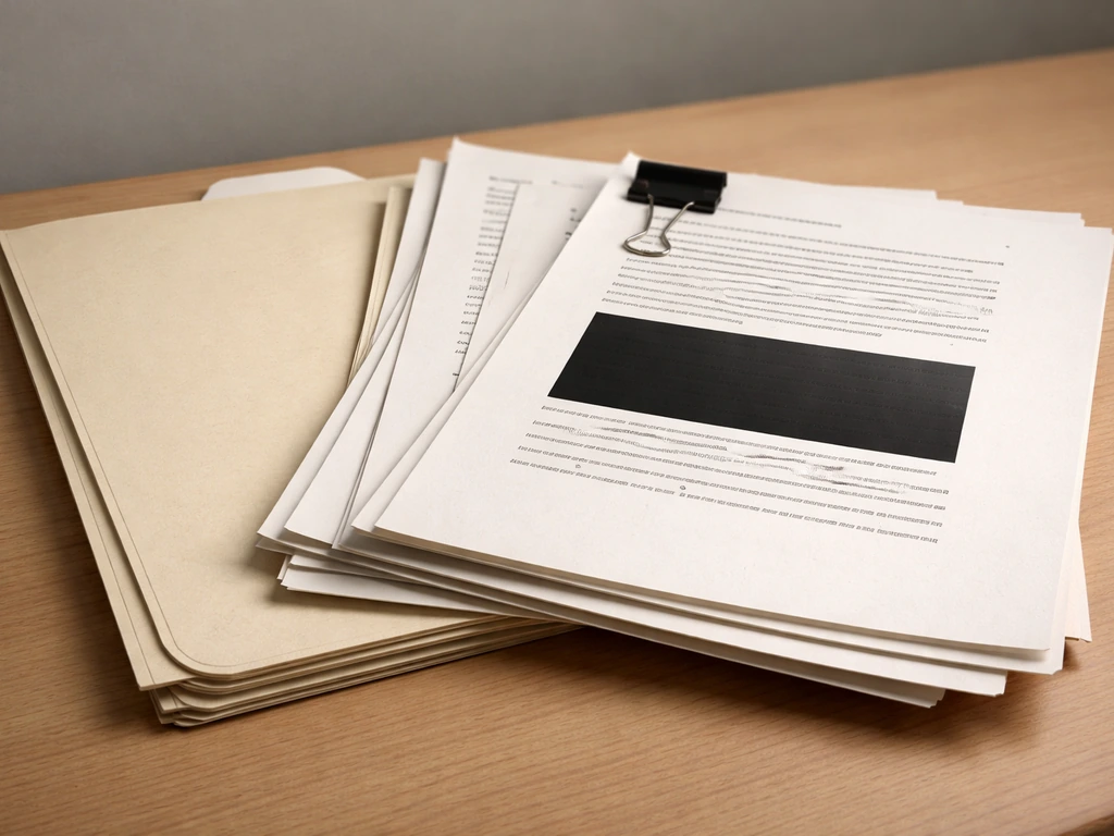 Close-up of off-white case documents on a wooden desk with a binder clip, no readable text.