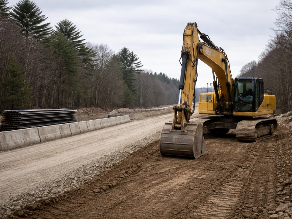 Heavy construction jobsite with large excavator and earthmoving equipment at a quiet New England-style work area