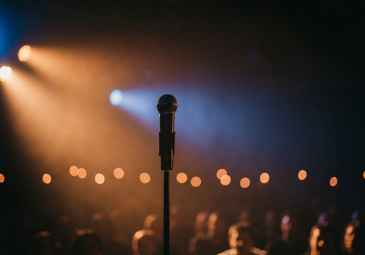 Backlit stand-up microphone on stage with warm lights, suggesting entertainment and media verification