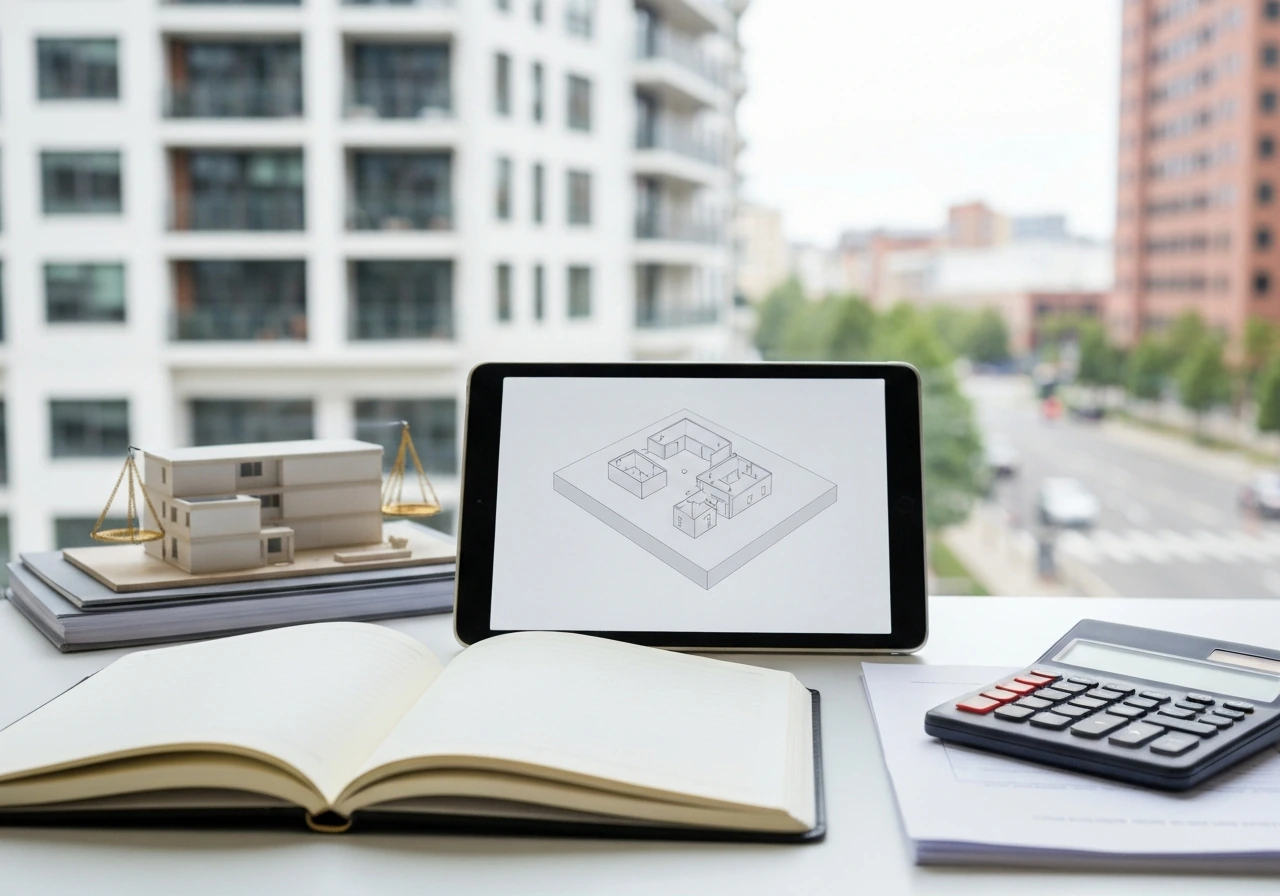 Minimal desk scene with real-estate blueprint render, documents, calculator, and city view through window.