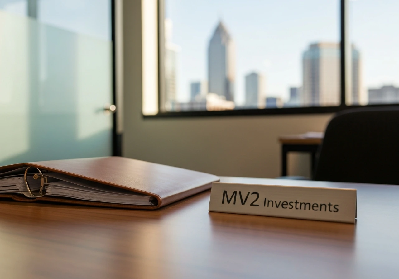 Modern real estate office interior with a nameplate and portfolio binder for MV2 Investments, identity-disambiguation mo