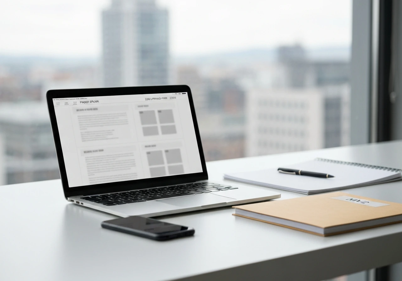 Minimal office desk with a laptop showing blurred source pages and a folder marked “MV2”