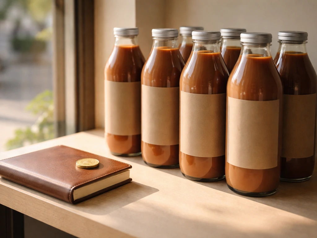 Amber premium drink bottles on a retail shelf with a gold coin and notebook nearby.