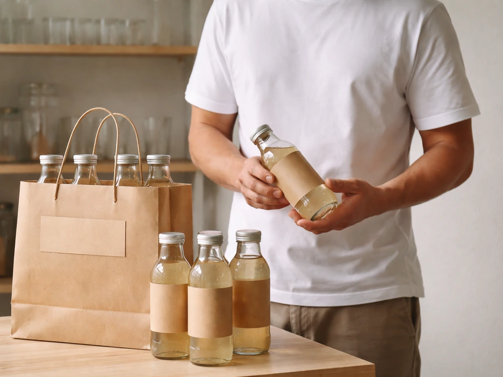 Anonymous beverage entrepreneur checking coconut drink bottles and a kraft bag in a clean workspace