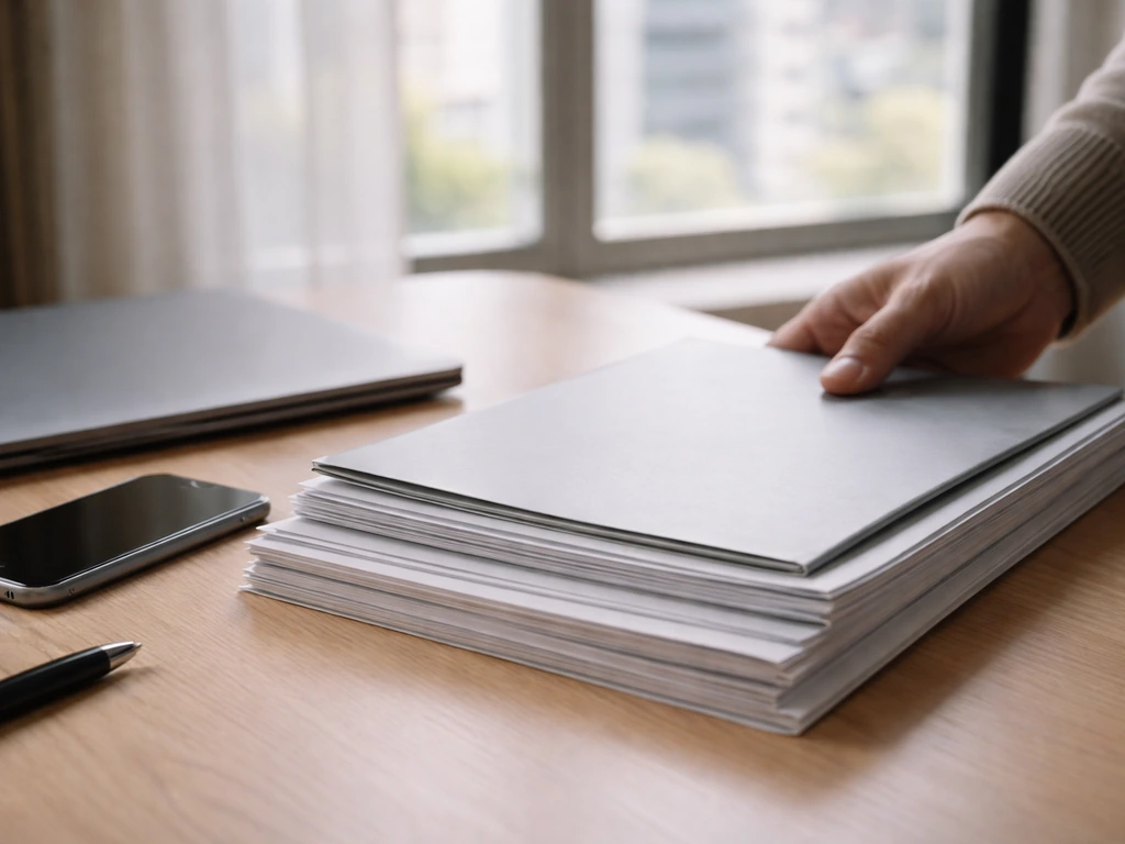 Anonymous office desk with documents and phone, symbolizing evaluating estimated wealth signals.