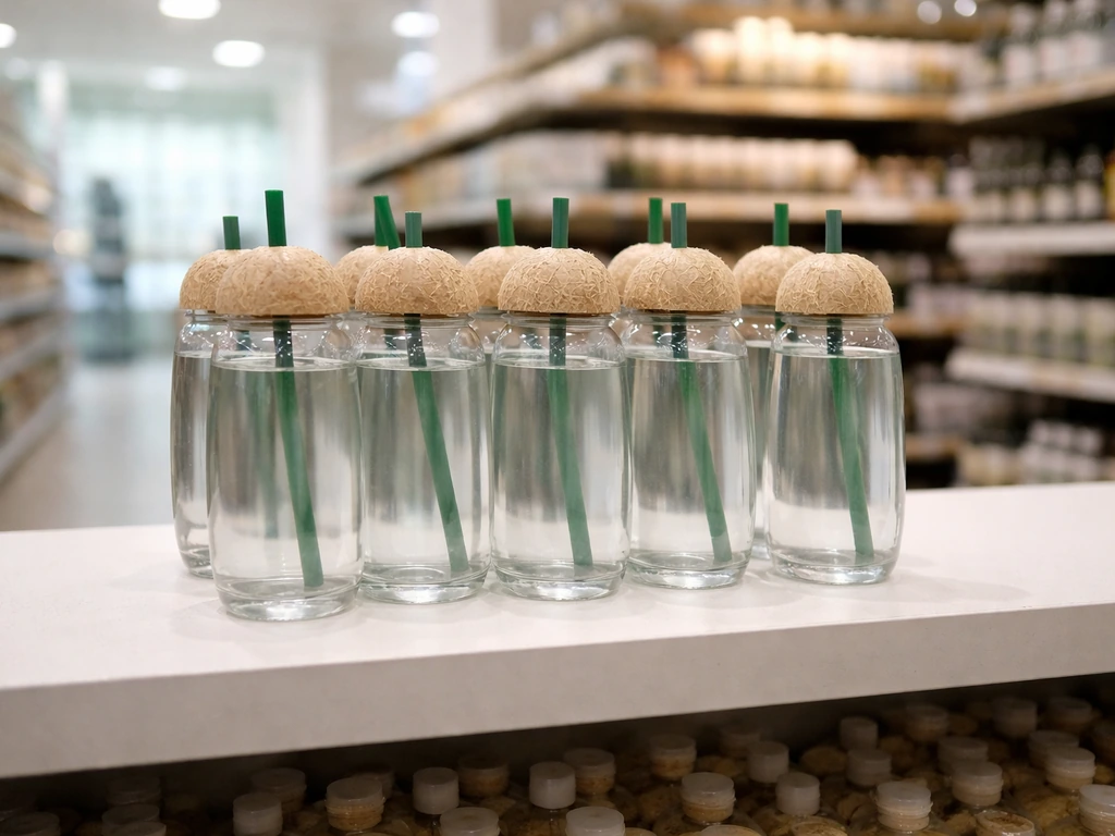 Coco Taps beverage bottles displayed beside simple retail shelves in a bright grocery store aisle