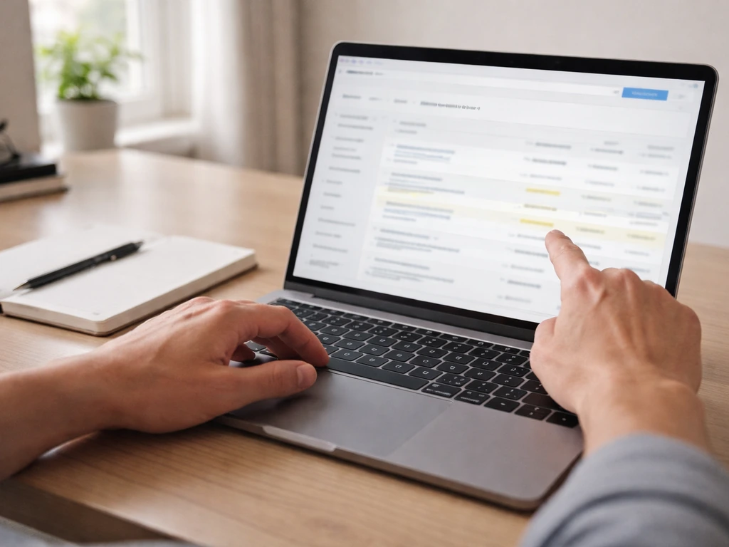 Hands using a laptop with a blurred SEC-style filing search screen and highlighted fields for review.