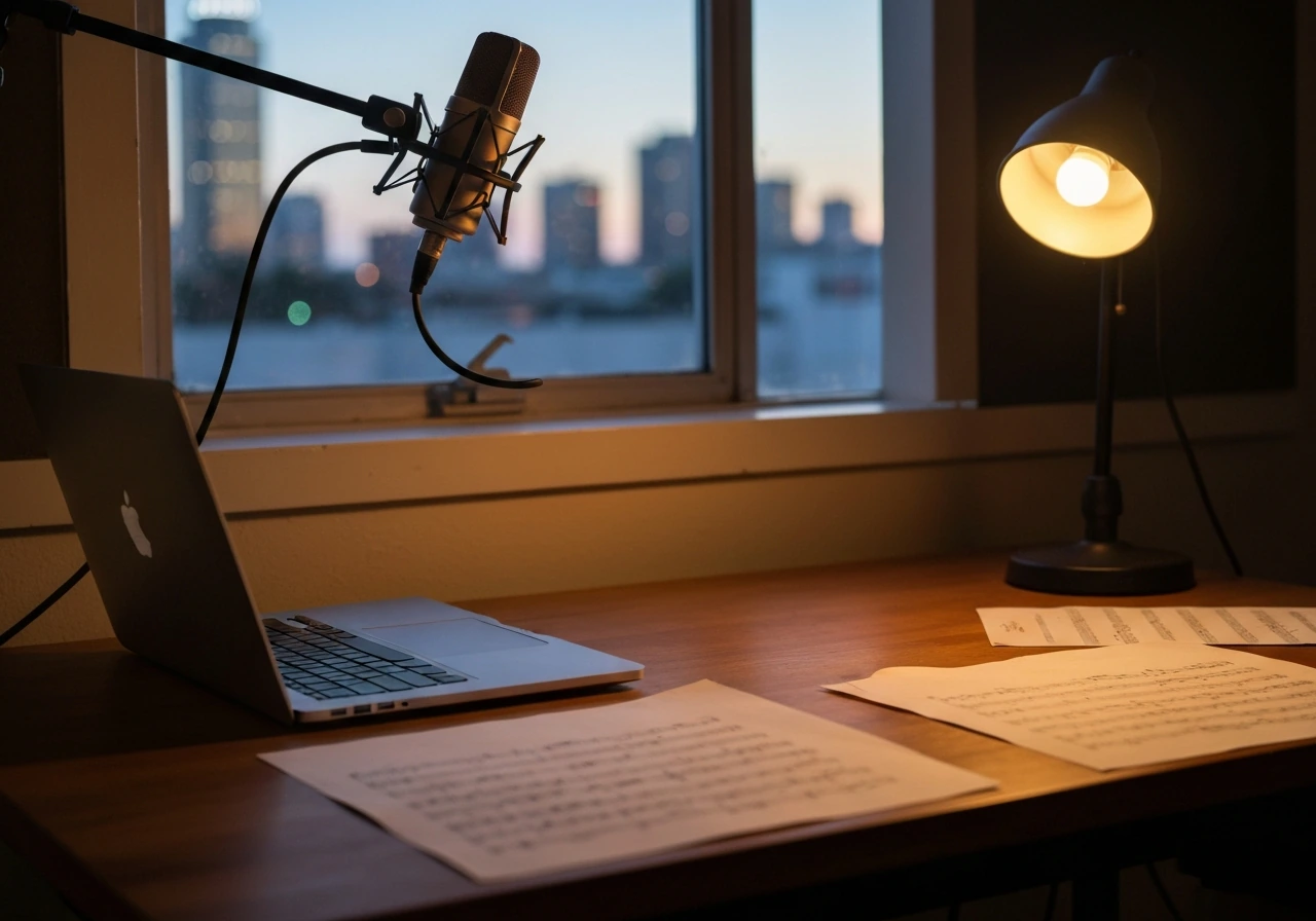 Empty studio desk with microphone and laptop near a dusk window showing blurred LA skyline.