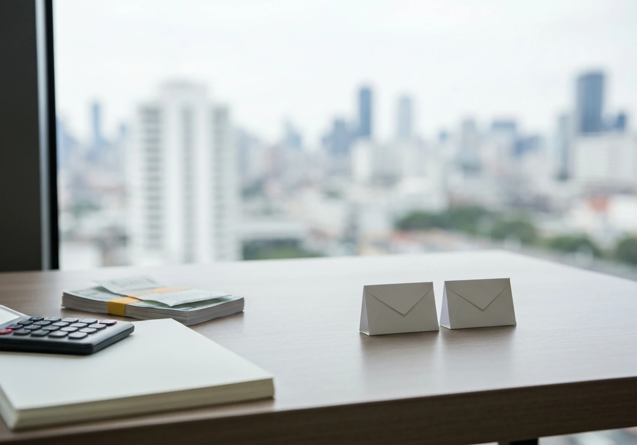 Minimal office desk with a calculator, scattered bills, and a blurred city view suggesting estimated net worth ranges.