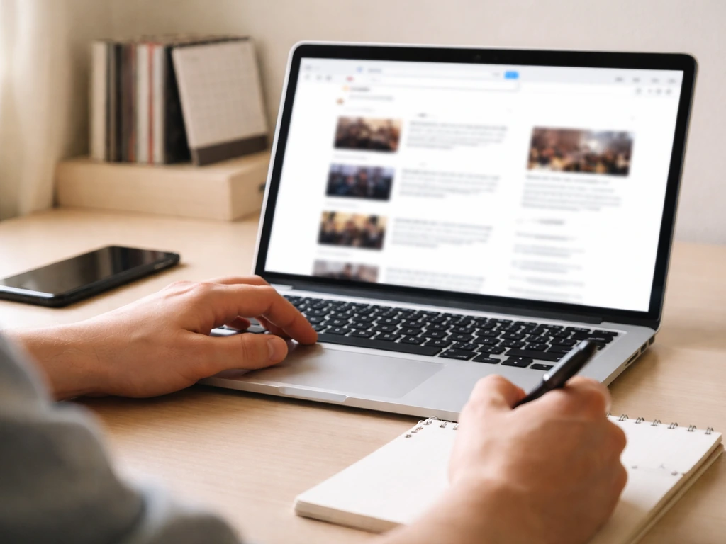 Person at a laptop verifying online financial and music activity links in a quiet home office.