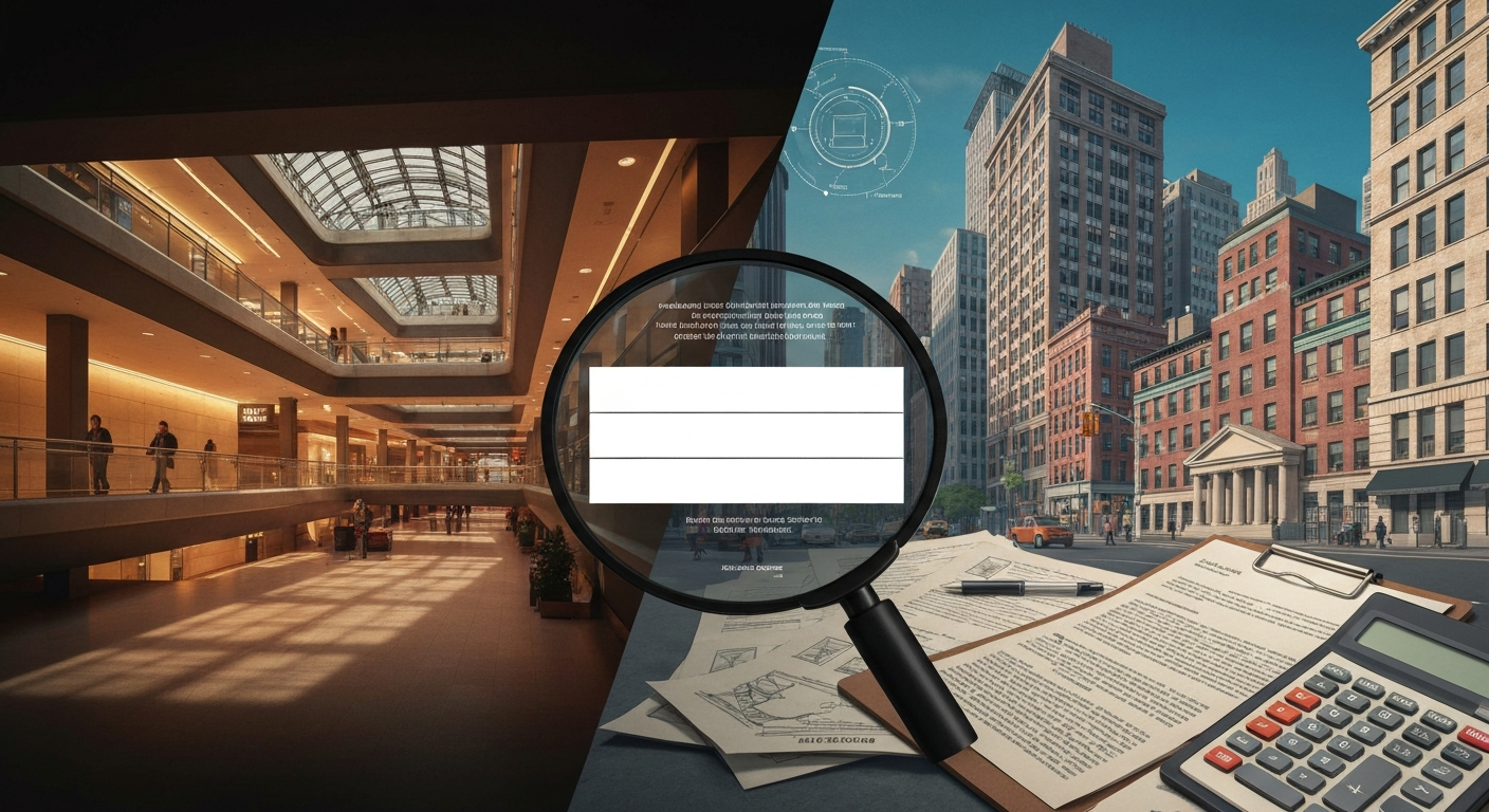 Composite editorial illustration: Montreal underground RESO on the left and New York City real estate with financial documents on the right, representing investigation into the net worth of people named Vincent Ponte.