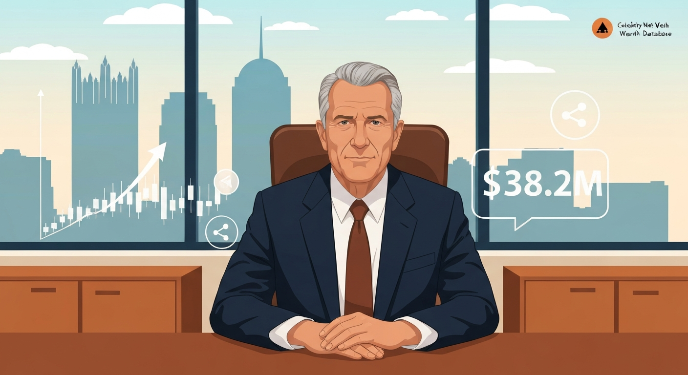 Illustrated corporate executive with abstract skyline and financial overlays showing equity value.