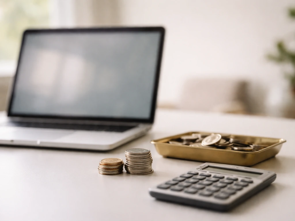 Minimal photo of a calculator, scattered coins, and a laptop in soft natural light, symbolizing research-based net worth