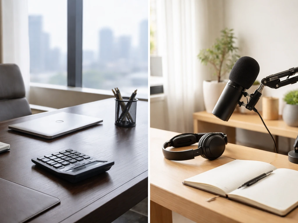 Minimal side-by-side offices: finance desk on the left and media studio desk on the right.