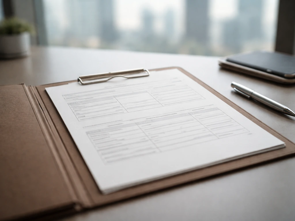 Close-up of an SFC-style registration document in a desk folder with a pen and blurred finance documents