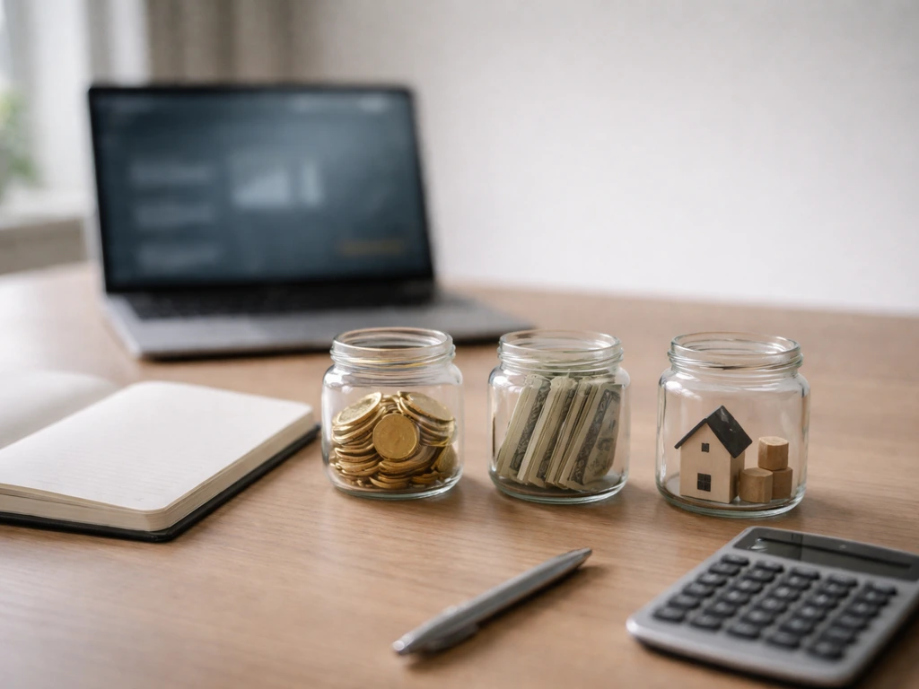 Minimal desk scene with calculator and unlabeled jars symbolizing liquid assets, income, and property.
