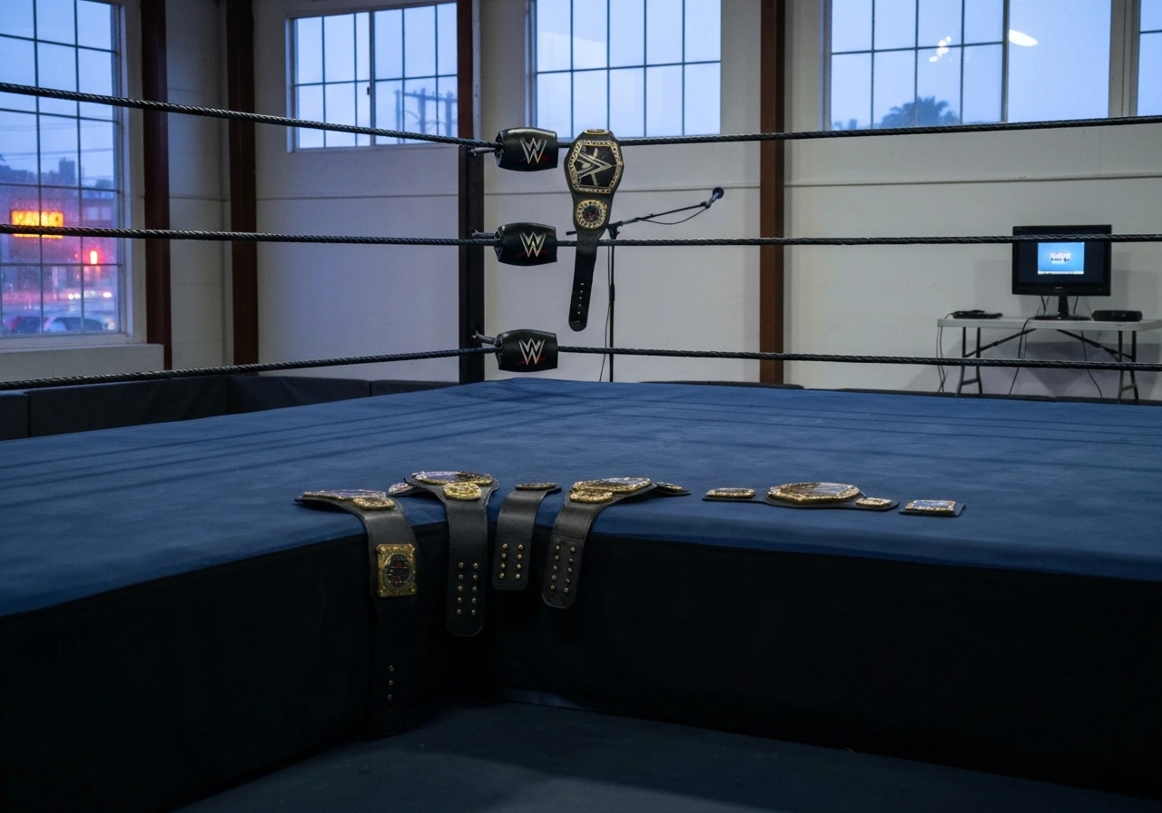 Empty pro wrestling ring in a Bay Area warehouse with belts and media gear, suggesting fame and wealth queries.