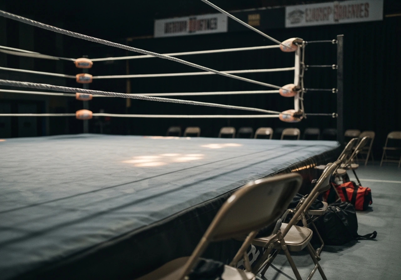 Independent wrestling arena setup with ring ropes and empty seating under arena lights