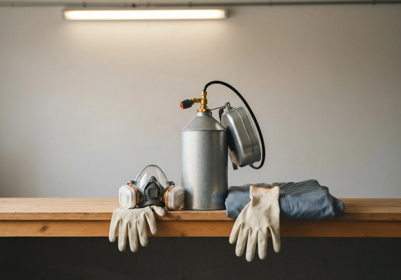Technician-like pest control gear with a handheld sprayer and protective suit in a clean garage setting