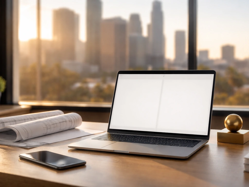 Minimal office desk with laptop, blueprints, and Los Angeles skyline in soft focus, symbolic real estate analysis.