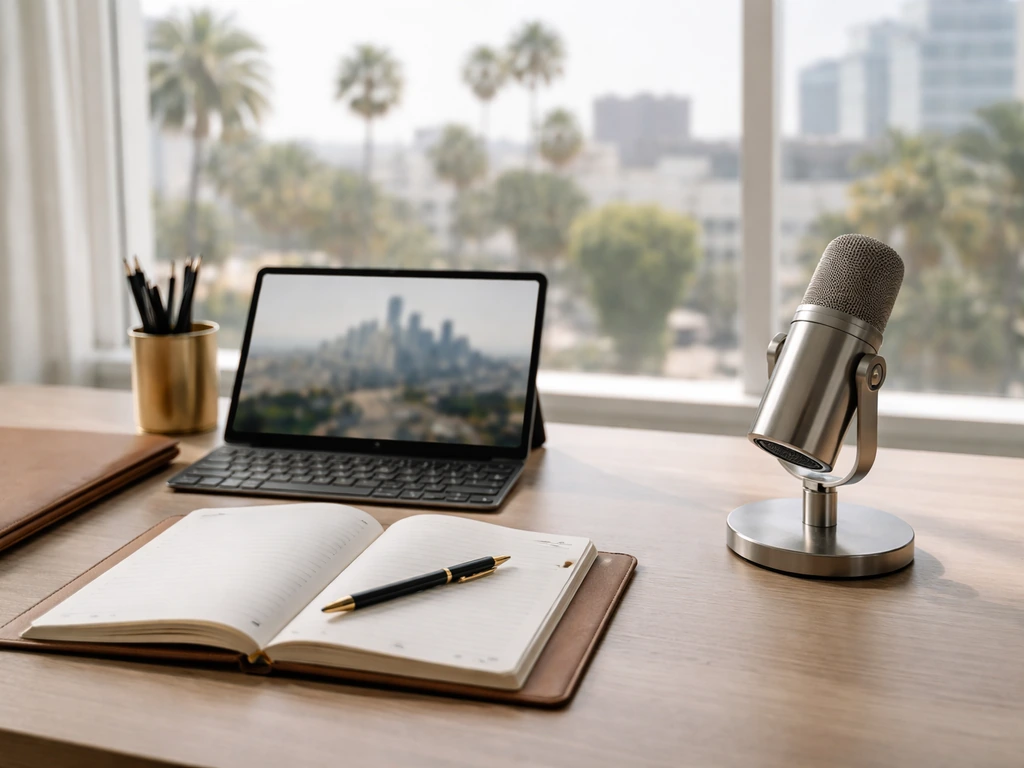 Minimal modern office desk with tablet, microphone, and blurred LA city view outside.