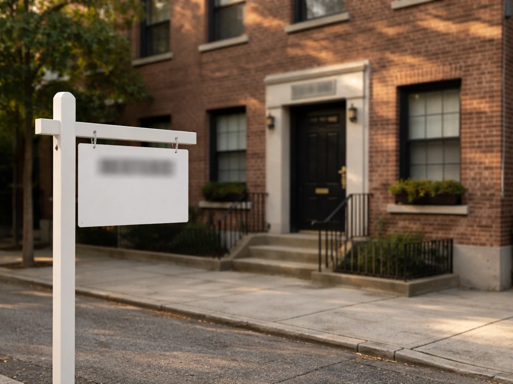 Urban residential building facade with a single anonymous property sign in the foreground.