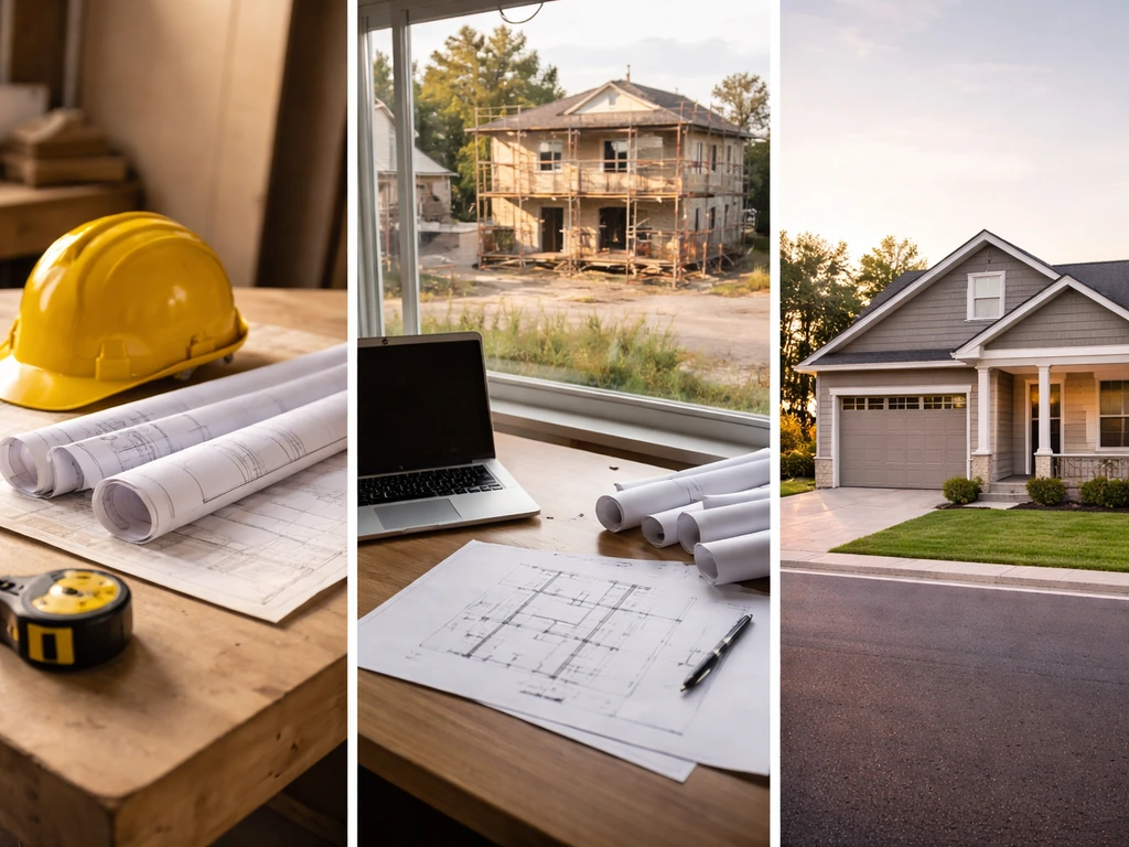 Three quiet scenes symbolizing contracting revenue, real estate development, and personal property holdings.