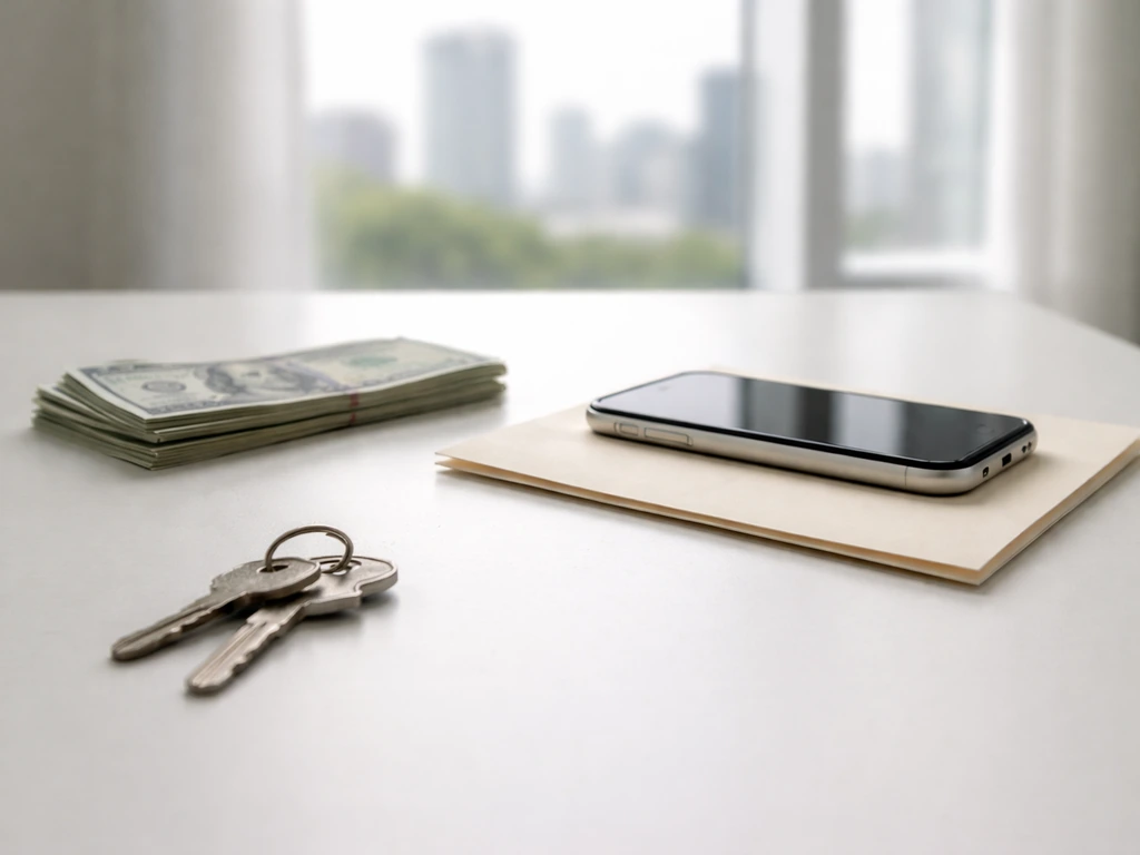 Minimal desk scene with a smartphone, envelope, and scattered cash to symbolize estimated net worth evidence categories