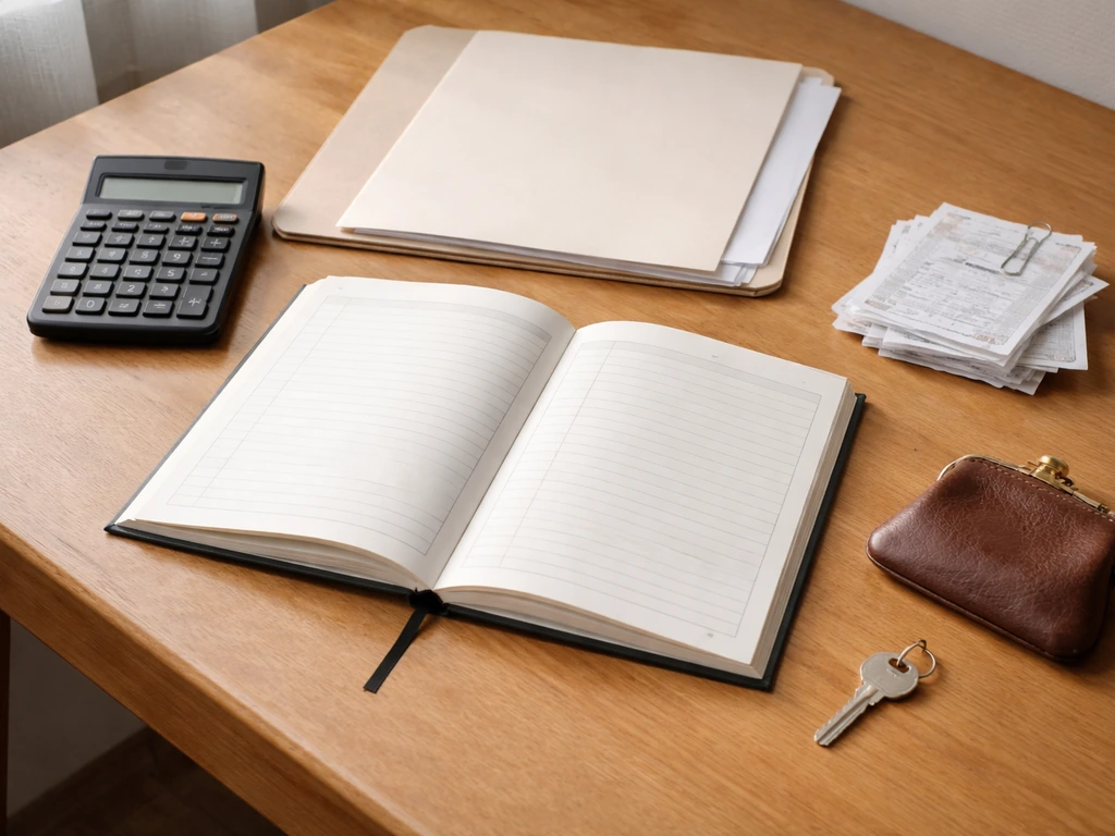 Minimal desk scene with scattered documents, a closed notebook, and a calculator symbolizing assets and liabilities.